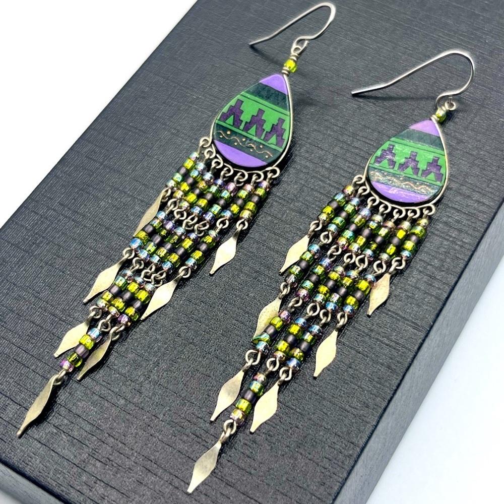 Artisan Native Dangle Fringe Earrings Silver Purple 3.5"